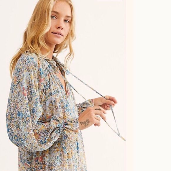 Free People Feeling Groovy Ivory Blue Maxi Dress - Picture 4 of 8